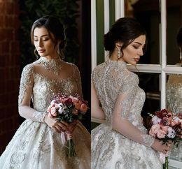 2020 A Line Wedding Gowns Lace Tulle Applique Sequins Zipper Plus Size Wedding Dresses Sweep Train High Collar Long Sleeve Bridal Gowns