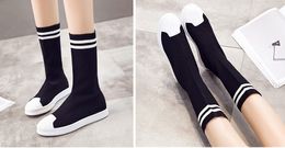 Hot Sale-Winter New Fashion Casual Half Boots Knit Stockings Shoes Breathable Flat Boots Black White Mixed Colour Comfortable Boots Tide