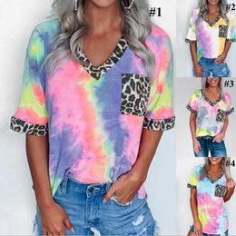 Leopard Tie Dye Shirt Women Casual Summer Colourful Patchwork V Neck Short Sleeve Pocket Girls Tops Tees LJJO7950