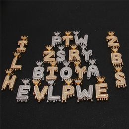 Whosale A-Z Crown Drip Bubbles Letter Pendant Necklace Charm With Free Rope Chain Gold Silver Color Cubic Zircon Jewelry