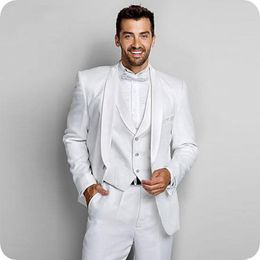 New Arrival One Button White Wedding Groom Tuxedos Shawl Lapel Groomsmen Men Suits Prom Blazer (Jacket+Pants+Vest+Tie) W73