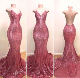 Hot Pink Sequined Prom Dresses Sexy Backless Spaghetti Mermaid Evening Gowns Cheap Cocktail Formal Party Dress
