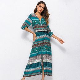 2019 new Bohemian printing long dress women maxi long dress floral print retro hippie vestidos chic brand clothing boho dress