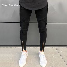 Neverfunction High Street men Ripped denim trousers Holes Hip Hop stretch Hem Zipper motorcycle distressed skinny biker jeans