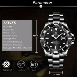 2021 TEVISE Fashion Brand Men Mechanical Watch All Black Stailness steel Automatic Watch Fashion Men Luminous Hand Business Clock262S