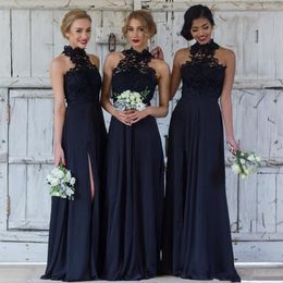 Elegant Navy blue Bridesmaid Dresses for Weddings Chiffon A-Line High Neck Side Split Formal Party Gowns Lace Modest Maid Of Honour Dress