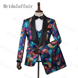 Gwenhwyfar Custom Made Brand Groomsmen Angel wings Patterns Groom Tuxedos Black Pants Men Suits Wedding Best Man (Jacket+ vest+Pants)