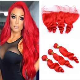 Red Loose Wave Human Hair Weaves With Lace Frontal Bright Red Virgin Brazilian Human Hair Extensions With 13x4 Full Frontals 4Pcs/Lot