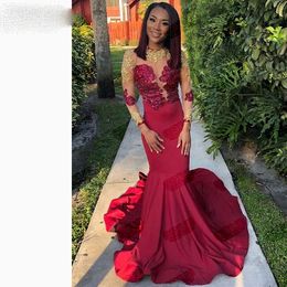 Long Sleeves Red Mermaid Prom Dresses Illusion With Appliques O-Neck Sheer Back Fishtail Party Gown Sweep Train