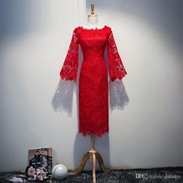 Floral Lace Cocktail Dresses Tea Length Poet Sleeves Red Party Dress New Arrival Real Pictures Cheap Black,White,Ivory