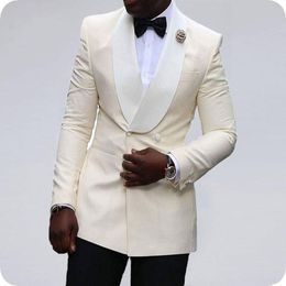 Latest Design Double Breasted Ivory Wedding Groom Tuxedos Shawl Lapel Groomsmen Men Suits Prom Blazer (Jacket+Pants+Tie) NO:2072