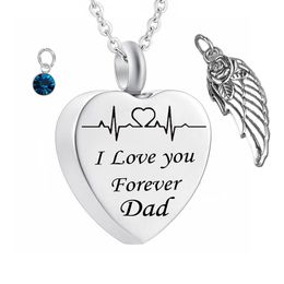 I love you forever dad Birthstone Ashes heart Pendant Memorial Urn Necklace Angel Wing Stainless Steel Waterproof Cremation Jewelry