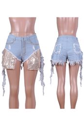 Women's Sequined Long Tassel Jeans Shorts, High Waisted Stretchy Body Enhancing Denim Shorts Light Blue (S-2XL) (Pants only)