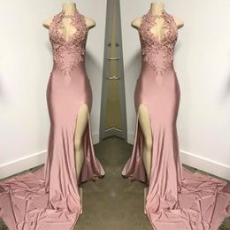 Vestidos De Gala Sexy Halter Side Slit Long Prom Dress Charming Pink V-Neck Appliques Backless Prom Gowns