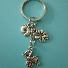 Fashion Vintage Silver Footprints Clover baby stroller Pendant Charms Key Chain Fit DIY Key Ring Car Handbag Gift Jewelry 762