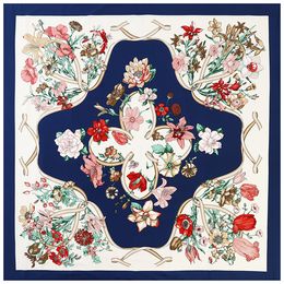 Nuova sciarpa di seta da twill Women Flowers Printing Square Scarpes Wrap Female Foulard Grande Hijab Scialle di Scialliere 130*130 cm