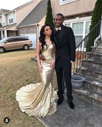 Sparkly Sequin Mermaid Prom Dresses 2019 African Black Girl V-neck Backless Long Evening Party With Train