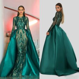 Hunter Green Mermaid Prom Dresses With Detachable Train Illusion Long Sleeve Lace Applique Sequined Evening Gowns Plus Size Sexy Party Dress