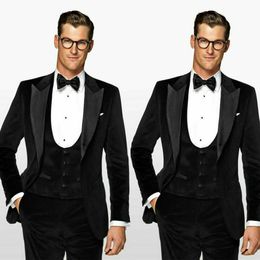 Handsome Mens Black Velvet Suits Designer Peaked Lapel Wedding Tuxedos Groom Wear Dinner Suit Blazer Jacket(Jacket+Vest+Pants)