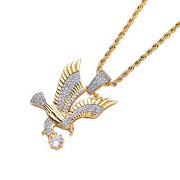 Fashion-Gold Plated Full Cubic Zirconia Bling Hunting Eagle Pendant Chain Necklace Hip Hop Iced Diamond Rock Rapper Jewellery Gift for Men