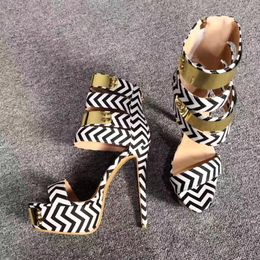 Olomm Fashion Women Platform Sandals Thin High Heels Sandals Open Toe White & Black Striped Casual Shoes Women US Plus Size 5-15