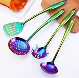 Stainless Steel Dazzling Spoons Serving Forks Flatware Sets Kitchen Convenient Colourful frying shovel colander kitchenware 4 PCS/Set