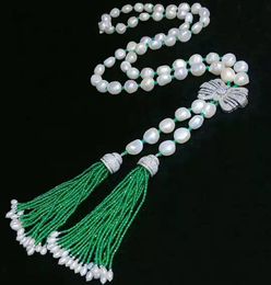 Hot sell necklace 75-80cm 10-11mm white baroque freshwater pearl green jade zircon bowknot accessories tassel pendant