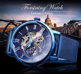 Forsining Blue Mechanical Watch Mens Casual Fashion Hand Wind Ultra Thin Slim Mesh Steel Belt Sports Watches Relogio202M