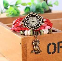 Fashion Retro Leather Winding Bracelet watch With alloy Owl Pendant Wristwatch Rope Weave Animal Tag Women watches