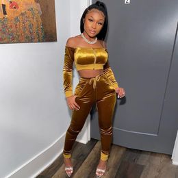 ANJAMANOR Sexy Velvet Women Two Piece Club Outfits Off Shoulder Long Sleeve Crop Top and Pants Matching Sets Spring 2020 D54BA09