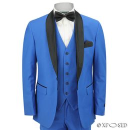 Blue Groom Tuxedos Black Shawl Lapel Men Wedding Tuxedos Popular Men Business Dinner Prom Blazer 3 Piece Suit(Jacket+Pants+Tie+Vest) 1056