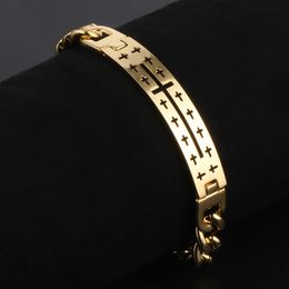 Hollow Cross Link Chain Men Hiphop Jewellery Gold Colour Stainless Steel Cuba Bracelets Gifts 220mm (8.7inch)