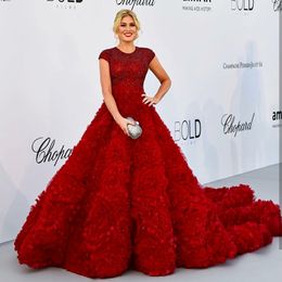 Michael Cinco Red Evening Dresses Short Sleeves Custom Made Sequins Appliqued Sweep Train Luxury Prom Gowns Red Carpet Dress