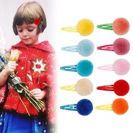 Kids Pom Pom Barrettes Candy Color Fashion Children Boutique Hair Accessories Little Girls Rainbow Hair Clips