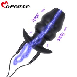 Morease Electric Shock Hollow Silicone Anal Plug Outer Wear Dilated Anus To Spy On Vibrating Enema Cleaning Tool Sex Toy Product Y191028