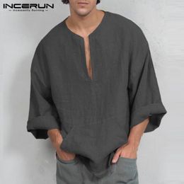 INCERUN Autumn Mens Long Sleeve T-Shirts Casual Loose Fit Deep V Neck Men Tee Tops Tunic Camisas Mens Clothing V200327