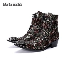 Batzuzhi Handmade Western Cowboy Boots Men Pointed Iron Toe Colour Leather Motorcycle Boots Men Botas Hombre 6.5cm Heels Buckles