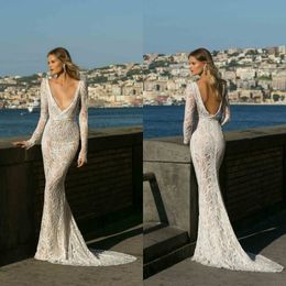 2020 Berta Mermaid Wedding Dresses Deep V Neck Lace Appliques Vestidos De Novia Backless Custom Made Long Sleeve Country Wedding Dress