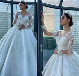 Gorgeous 2020 A Line Wedding Dresses Jewel Long Sleeve Full Appliqued Lace Beaded Wedding Gown Tulle Sweep Train Vestidos De Novia