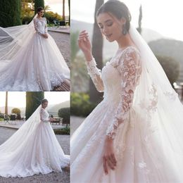 Abiti da sposa a maniche lunghe in pizzo pieno modesto Arabo musulmano A Line Sheer Neck Abiti da sposa lunghi formali increspati applicati su misura