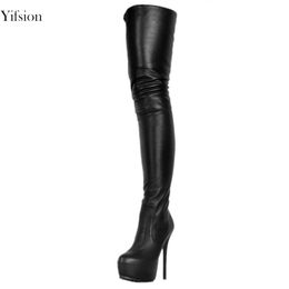 Rontic New Women Winter Platform Over The Knee Boots Thin High Heel Black Ladies Sexy Round Toe Party Shoes Women US Size 5-15