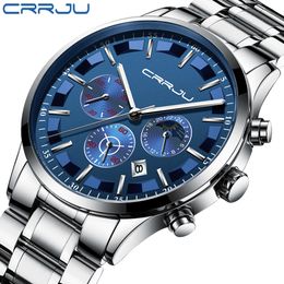 2020 Mens Watches CRRJU Top Luxury Sport Quartz All Steel Male Clock Military Camping Waterproof Chronograph Relogio Masculino282A