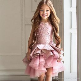 Pembe Cupcake Küçük Kızlar Pageant Elbiseler Saten Toddler Çiçek Kız Elbise El Yapımı Çiçekler