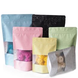 100pcs lot Food Bag Transparent Window Maple Leaf Aluminium Foil Bag Flat Bottom Metallic Mylar Black Zip Bag218t