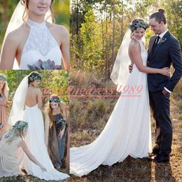 Romantic Country Spring Halter Wedding Dresses Backless Lace Sleeveless A-Line Chiffon Bridal Gowns Ball Custom Made Formal Bride Plus Size