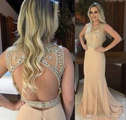 2019 Sheer Jewel Neck Backless Evening Dress Beads Rhinestone Crystals Pageant Formal Holiday Wear Prom Party Gown Custom Made Plus Size