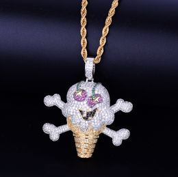 Bubble Letter Skull Face Pendant Necklace Men's Hip Hop Jewelry Iced Out Cubic Zircon Rock Street Gold Silver Color For Gift