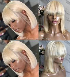 Celebrity Wigs Bob Cut Bang Lace Front Wigs #613 Blonde Color 10A Grade Malaysian Virgin Human Hair Full Lace Wigs Fast Express Shipping