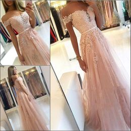 Beautiful Pink Off The Shoulder Prom Dresses Applique 2K19 Beads Tulle A-Line Plus Size Party Gowns Vestido de fiesta Formal Evening Wear