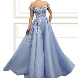 Elegant Blue Prom Dresses Lace 3D Floral Appliqued Pearls Evening Dress A Line Off The Shoulder Custom Made Special Occasion Gowns